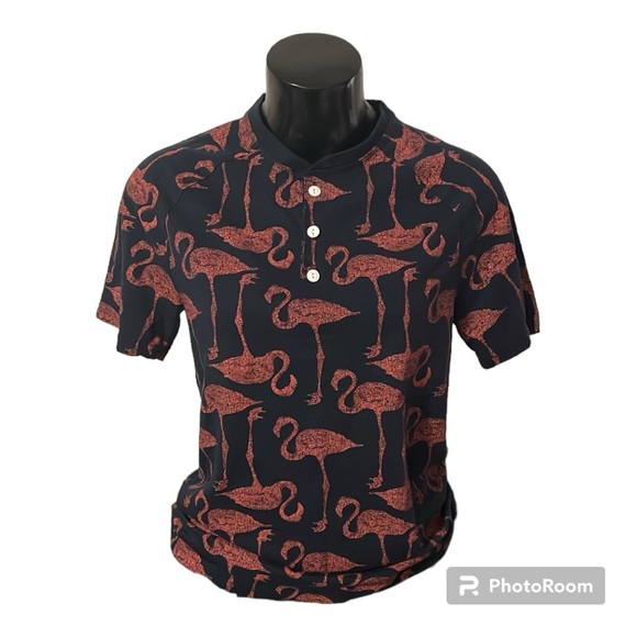 2/$14 💀 | NWOT | Crew Neck 1/4 Button T•Shirt | Navy Blue ft Pink Flamingos | S - Picture 2 of 4